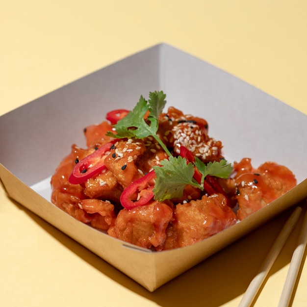 Foto carne de porco agridoce da culinária chinesa com pimenta picante.