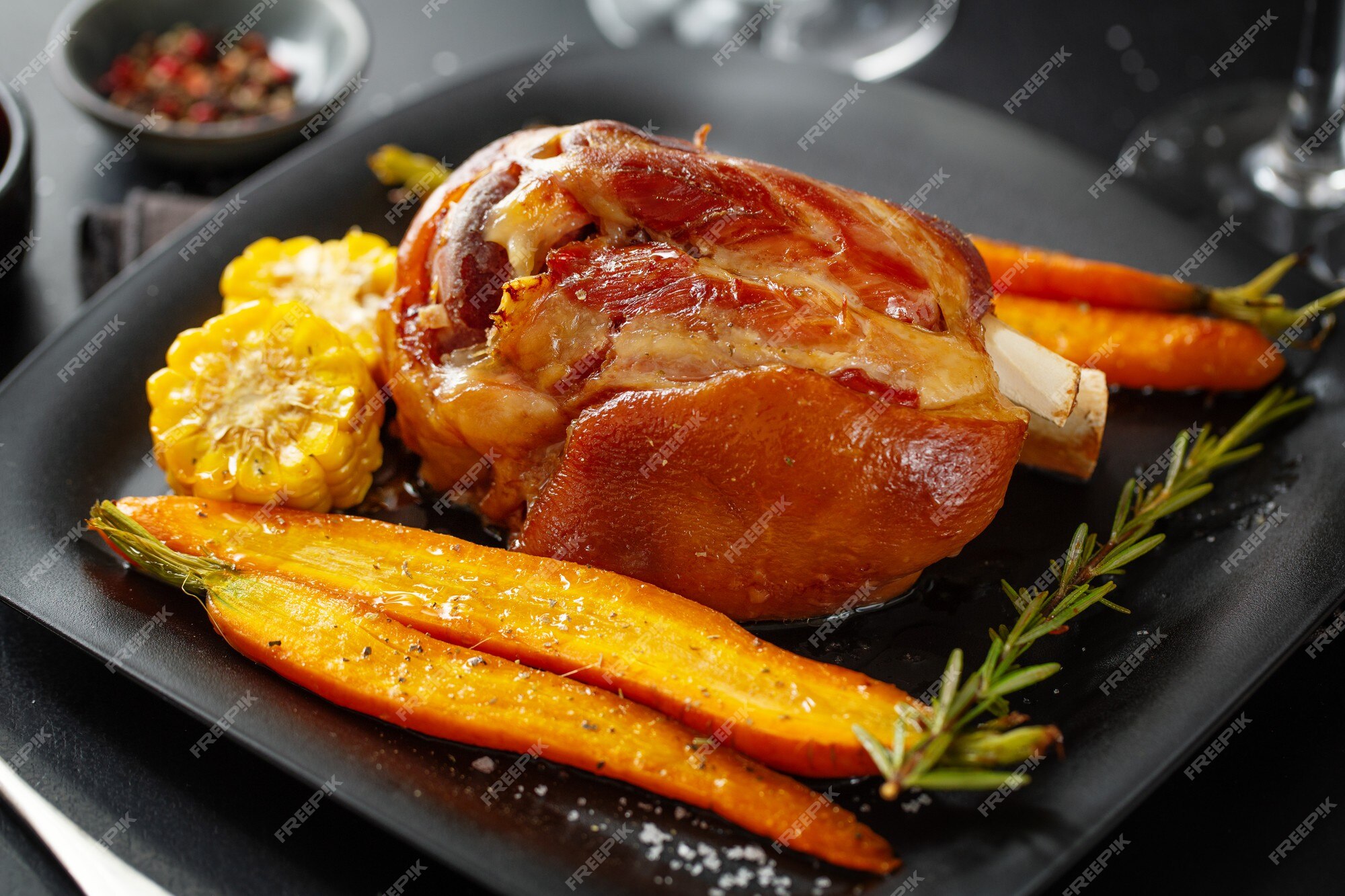 Carne de porco assada de natal com legumes e especiarias no prato.  fechar-se | Foto Premium