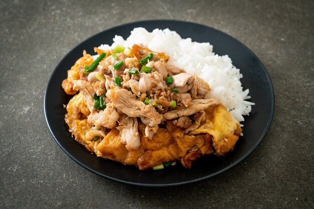 Carne de porco frita com alho e ovo coberto com arroz - comida asiática