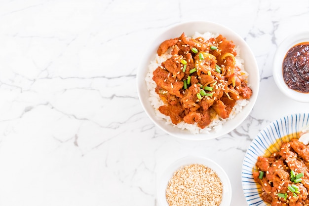 Carne de porco frita com molho coreano picante (bulgogi) no arroz superior