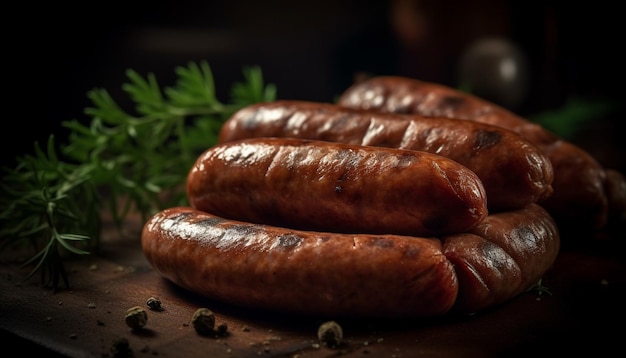 Foto carne de porco grelhada e bratwurst em uma mesa de piquenique rústica gerada por inteligência artificial