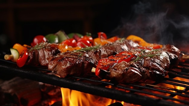 carne de porco grelhada e legumes em uma chama de churrasco quente