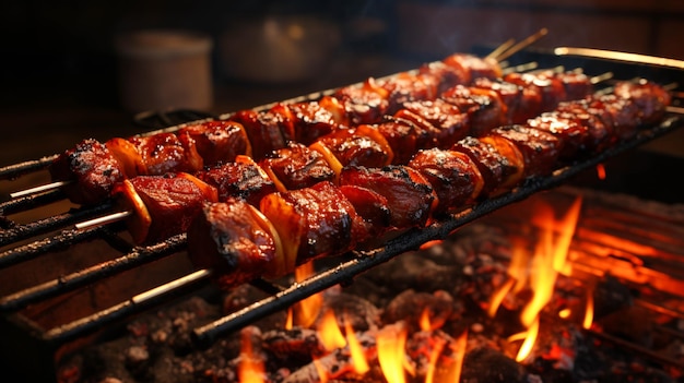 Carne de porco grelhada no espeto, uma deliciosa vista aproximada de churrasco