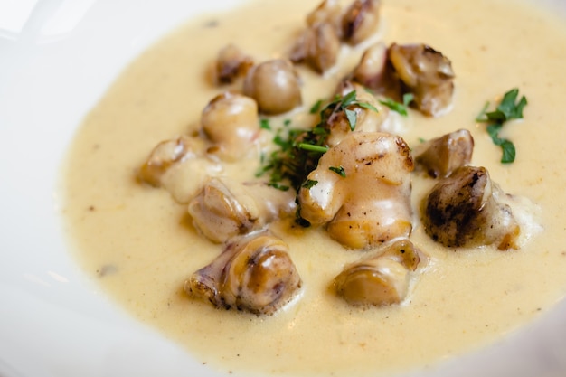 Carne de rapana frita com queijo e molho cremoso em um branco em restaurante gourmet