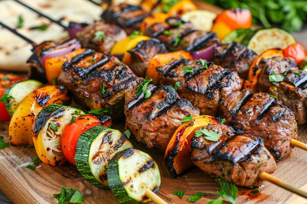 Carne de vaca grelhada e kebabs de vegetais em bandeja de madeira com tomates, salsa e pão plano de fundo