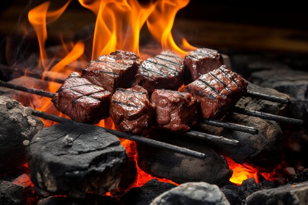 Carne de vaca grelhada sobre o carvão queimado no churrasco