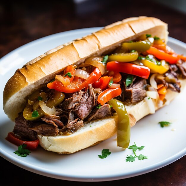 Foto carne de vaca italiana estilo chicago carne de carne em fatias finas em caldo em um rolo