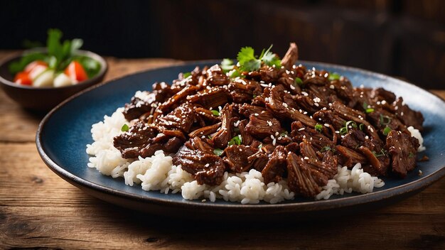 Foto carne de vaca mongol de uma perspectiva lateral elegantemente revestida em uma superfície de madeira o delicioso carameliz