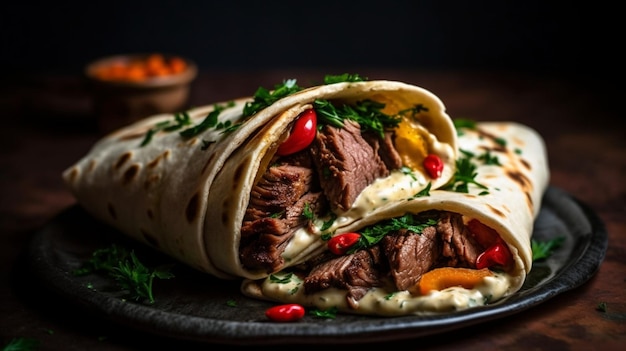 Carne de vaca Shawarma com hummus