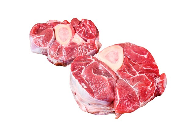 Foto carne de vitela crua cortada em cruz, carne de coxa, osso buco, cozinha italiana, ossobuco, isolado em fundo branco, vista superior