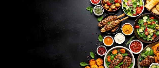 Carne deliciosa grelhada e salada fresca em fundo escuro churrasco gourmet espigas salada de vegetais