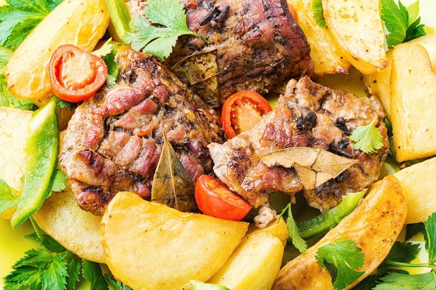 Carne e batatas grelhadas