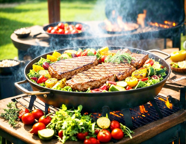 Carne e legumes grelhados em uma churrasqueira com salada