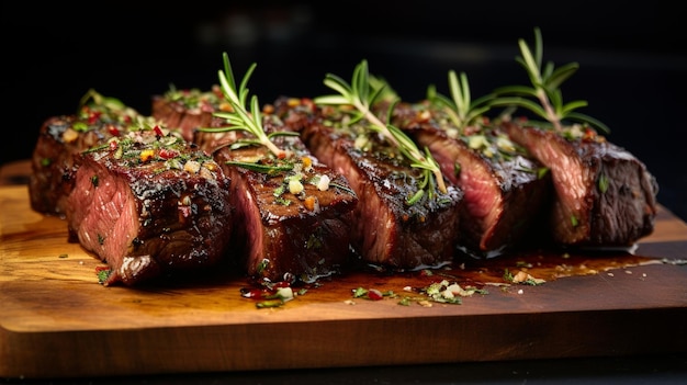 carne e legumes grelhados numa prancha de madeira