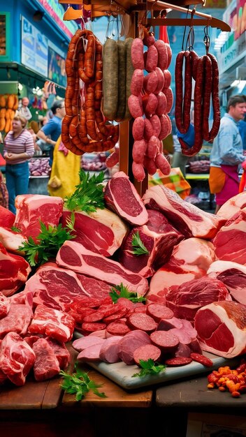 Carne e salsichas no mercado