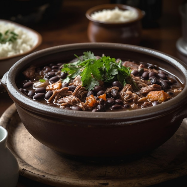 Carne de feijoada brasileña y estofado de frijoles en una escena festiva de comida callejera