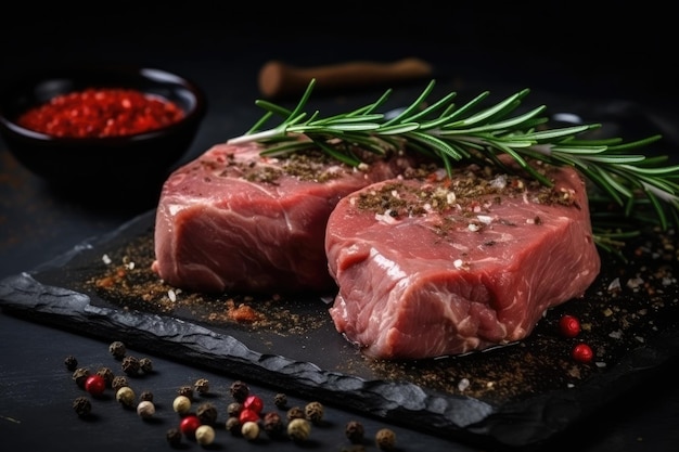 Carne de filete cruda en tablero negro con condimento de pimienta y romero verde IA generativa