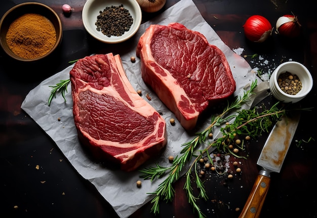 Carne de filete roja cruda en una tabla de cortar con romero y especias y cebolla en una vieja piedra oscura de espaldas