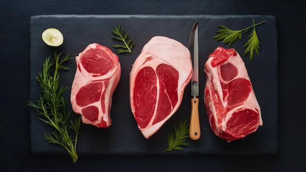 Carne fresca carne de vitela crua e carne vista de cima plana vista de cima sobre mesa de corte de pedra preta