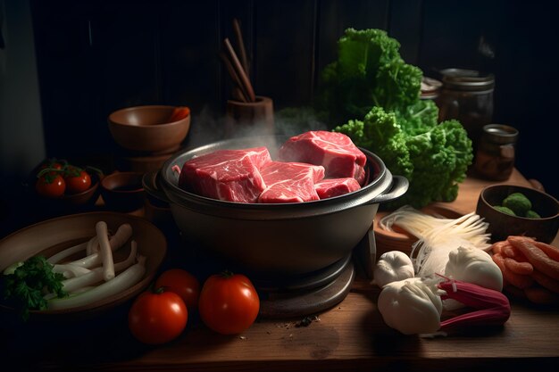 Carne fresca crua e legumes frescos para hot pot shabu em uma mesa de madeira