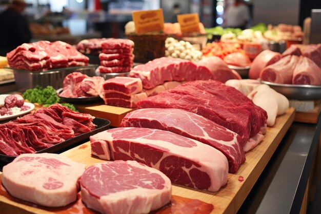 Foto carne fresca de qualidade exibida numa carniceira