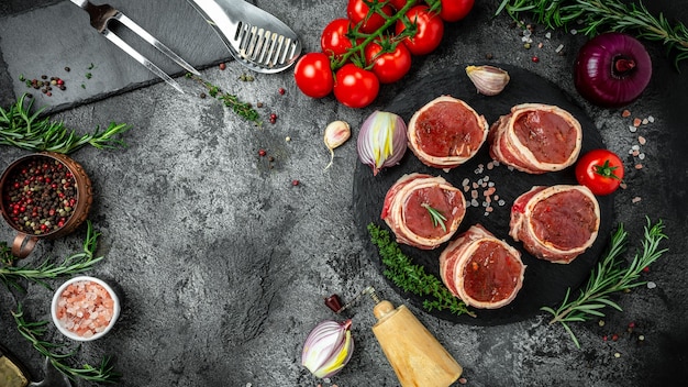 Carne fresca e crua. bifes de medalhões de lombo embrulhados em bacon servidos em açougueiro velho, prontos para cozinhar. banner, lugar de receita de menu para texto, vista superior.