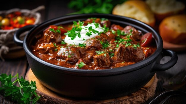 Carne fresca em molho de tomate e salsa servido em tigela preta na placa de madeira Prato delicioso do chef preparado AI generativa