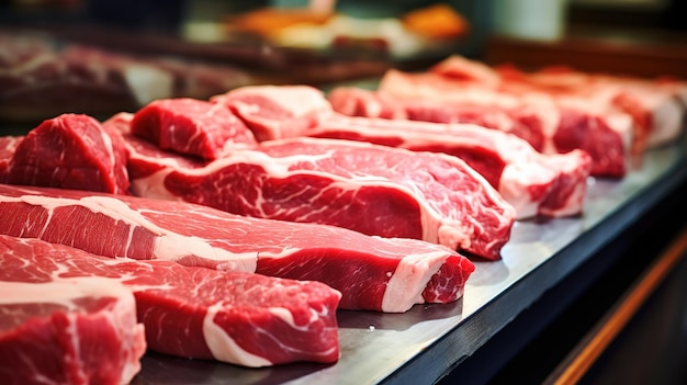 Carne fresca em uma seção de carnes em um restaurante