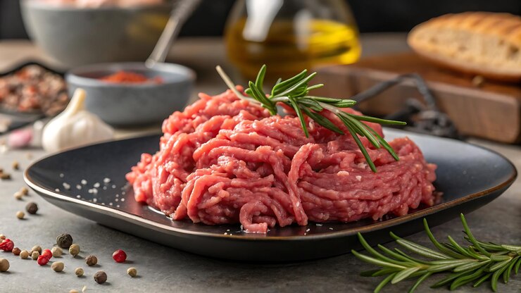 Carne fresca molida lista para cocinar con especias de romero y aceite de oliva en un plato
