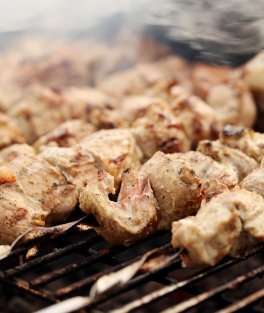 Carne fresca en un pincho de acero en un brasero