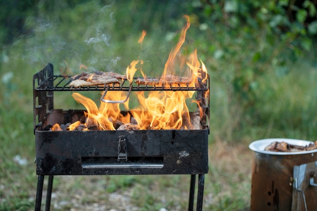 La carne se fríe en una parrilla en llamas en condiciones de campo.