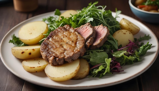 carne frita com batata e vegetais mistos