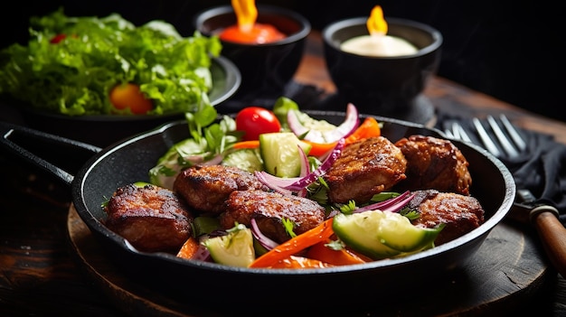 carne frita com legumes em uma panela, salada e lanches