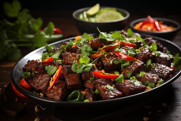 Carne frita com legumes na mesa