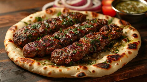 Foto carne frita shish kebab en una parrilla en un pinchazo una delicadeza sabrosa pero no saludable con verduras a la parrilla y pan pita del horno bistec de cerdo