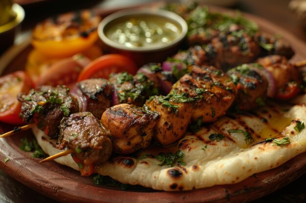 Foto carne frita shish kebab en una parrilla en un pinchazo una delicadeza sabrosa pero no saludable con verduras a la parrilla y pan pita del horno bistec de cerdo