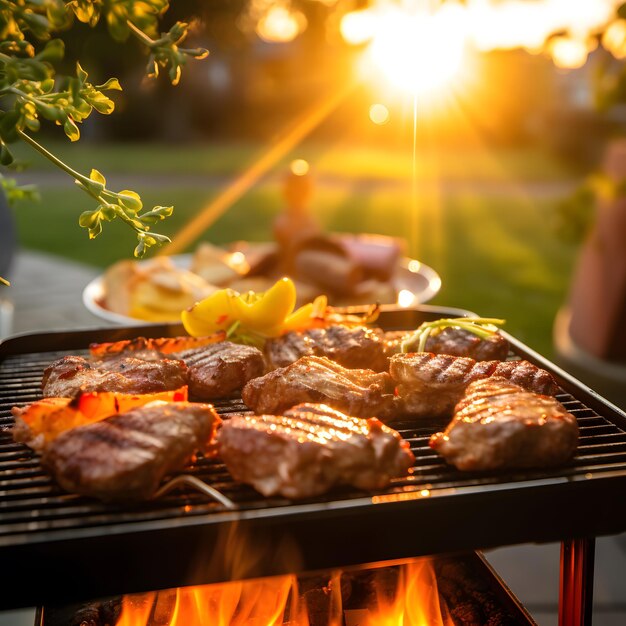 Carne grelhada com batatas e cerveja numa mesa de madeira ao pôr do sol, churrasco com comida deliciosa.