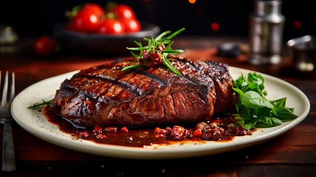 Foto carne grelhada com batatas tomates em mesa preta ia generativa