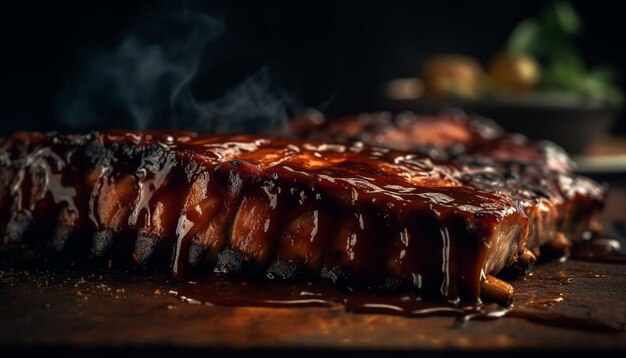 Carne grelhada cozida com perfeição em chamas geradas por ia