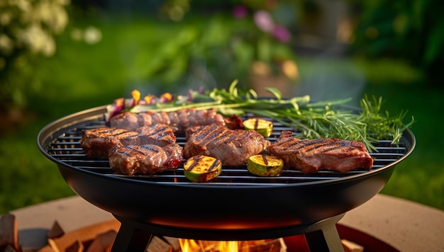 Carne grelhada deliciosa variada com legumes na churrasqueira com fumaça e chamas em verde