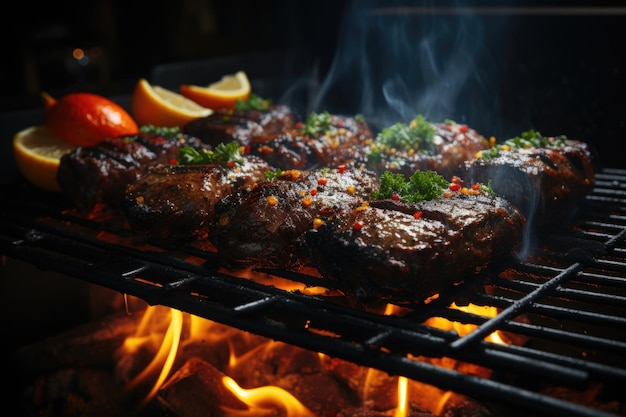 Carne grelhada em chamas numa grelha de carvão geral