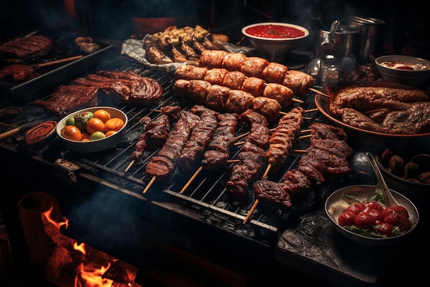 Carne grelhada em espigas em uma grelha de churrasco