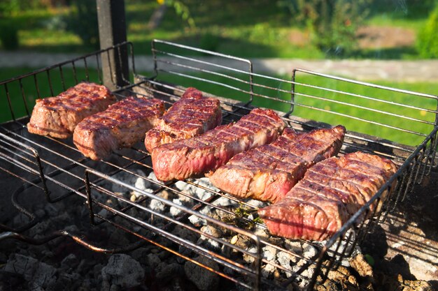 Carne grelhada na grelha. Bifes de churrasco no braseiro com fumaça natural. Cozinhar ao ar livre.