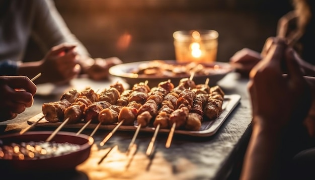 Foto carne grelhada num espeto, uma festa de união e celebração gerada pela inteligência artificial.