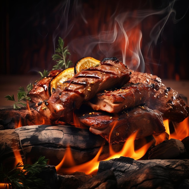 Carne grelhada suculenta com fogo