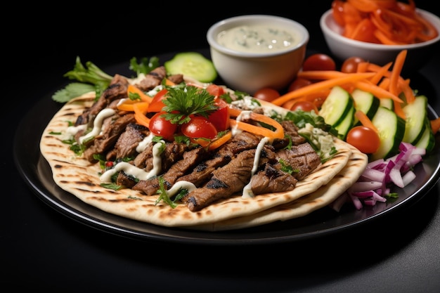 Carne de gyros a la parrilla sobre pita crujiente con verduras y salsa de ajo