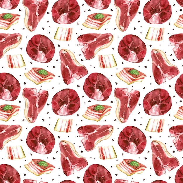 Carne con huesos bife manteca de res carne de pimienta granos todos los objetos están dibujados a mano con acuarela acuarela