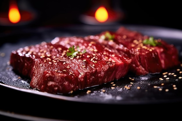 Carne japonesa em exibição closeup de bife Wagyu seco e grelhado em uma tábua de madeira rústica