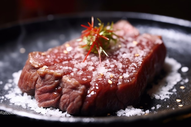 Carne japonesa em exibição closeup de bife Wagyu seco e grelhado em uma tábua de madeira rústica