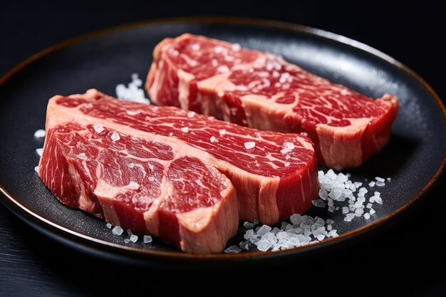 Carne japonesa en exhibición primer plano de filete de ternera Wagyu secado y asado sobre una tabla de cortar de madera rústica